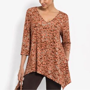 Clara Sun Woo tunic coral leopard print 3/4 sleeve asymmetrical v neck M